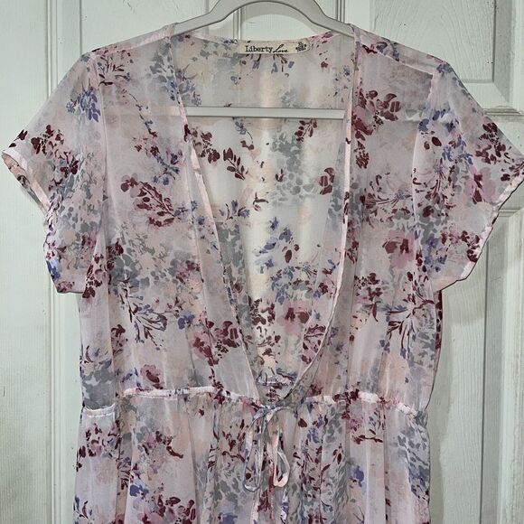 Liberty Love Cardigan Kimono Sz XL Pink Floral Tie Front‎ Robe Ruffle - Picture 2 of 5